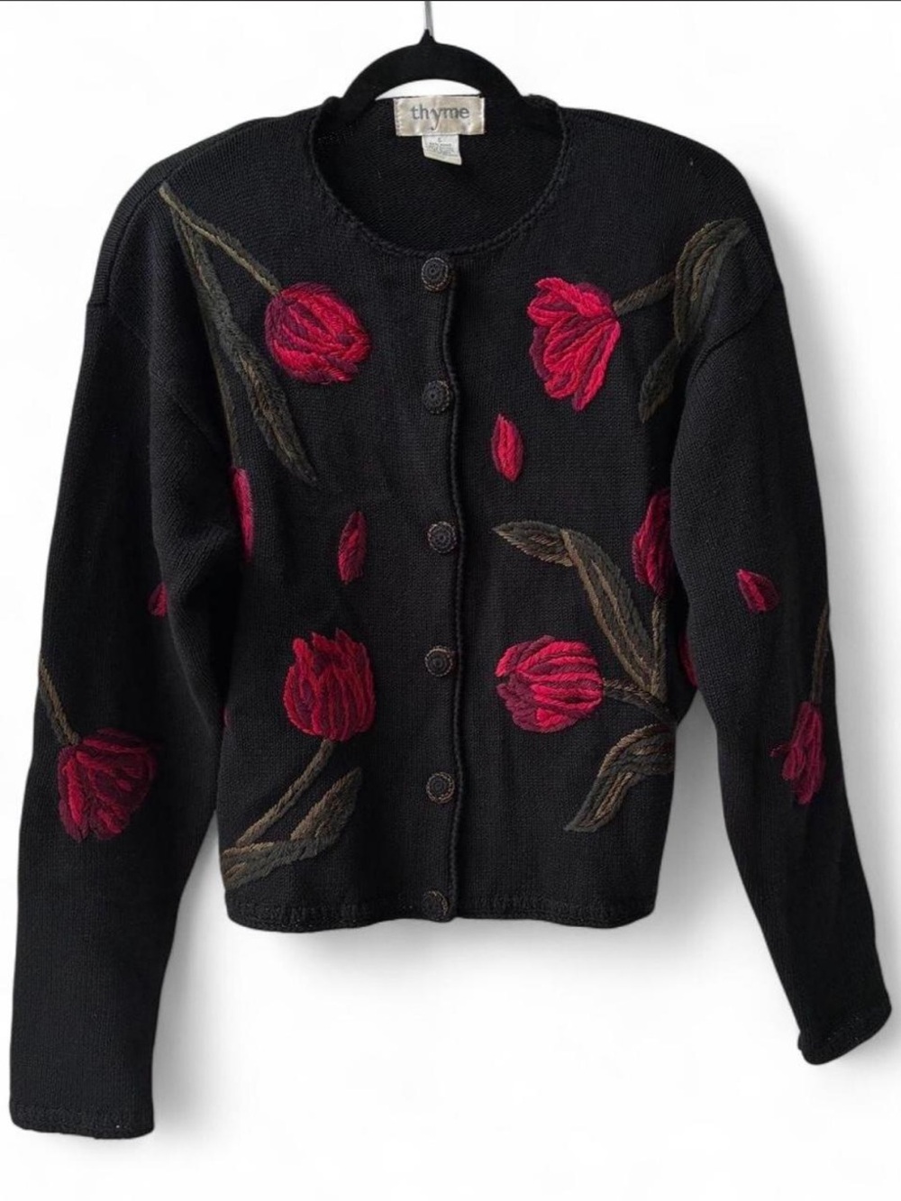 Vintage Thyme Black knitted crochet button Cardigan Sweater Floral Embroidery L